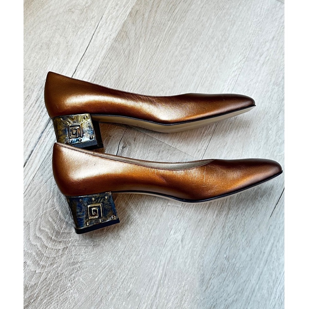 Vintage Bronze Leather Block‎ Heel Pumps Greek Key Made Italy Size 7AA